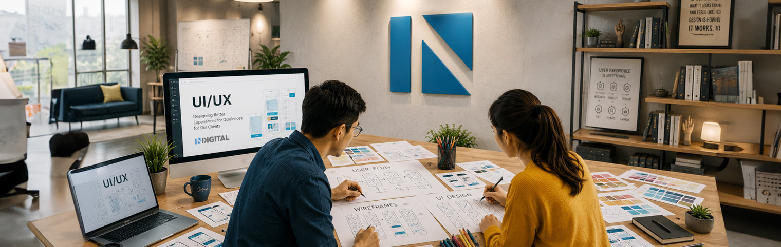 UI/UX design team collaborating on wireframes and user interface concepts in a modern office
